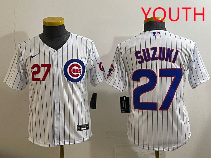 Youth 2025 Chicago Cubs #27 Suzuki White Stripe Game Nike MLB Jersey style 3->youth mlb jersey->Youth Jersey